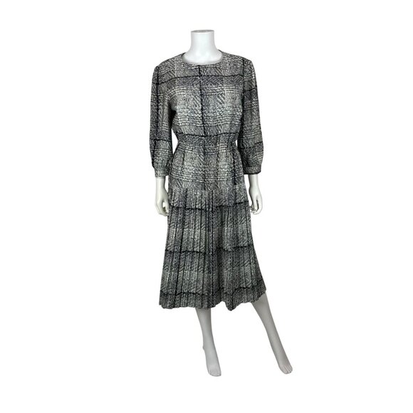 Vintage 80s Houndstooth Dress Womens Medium Black White Printed Day Sheath - Picture 1 of 10